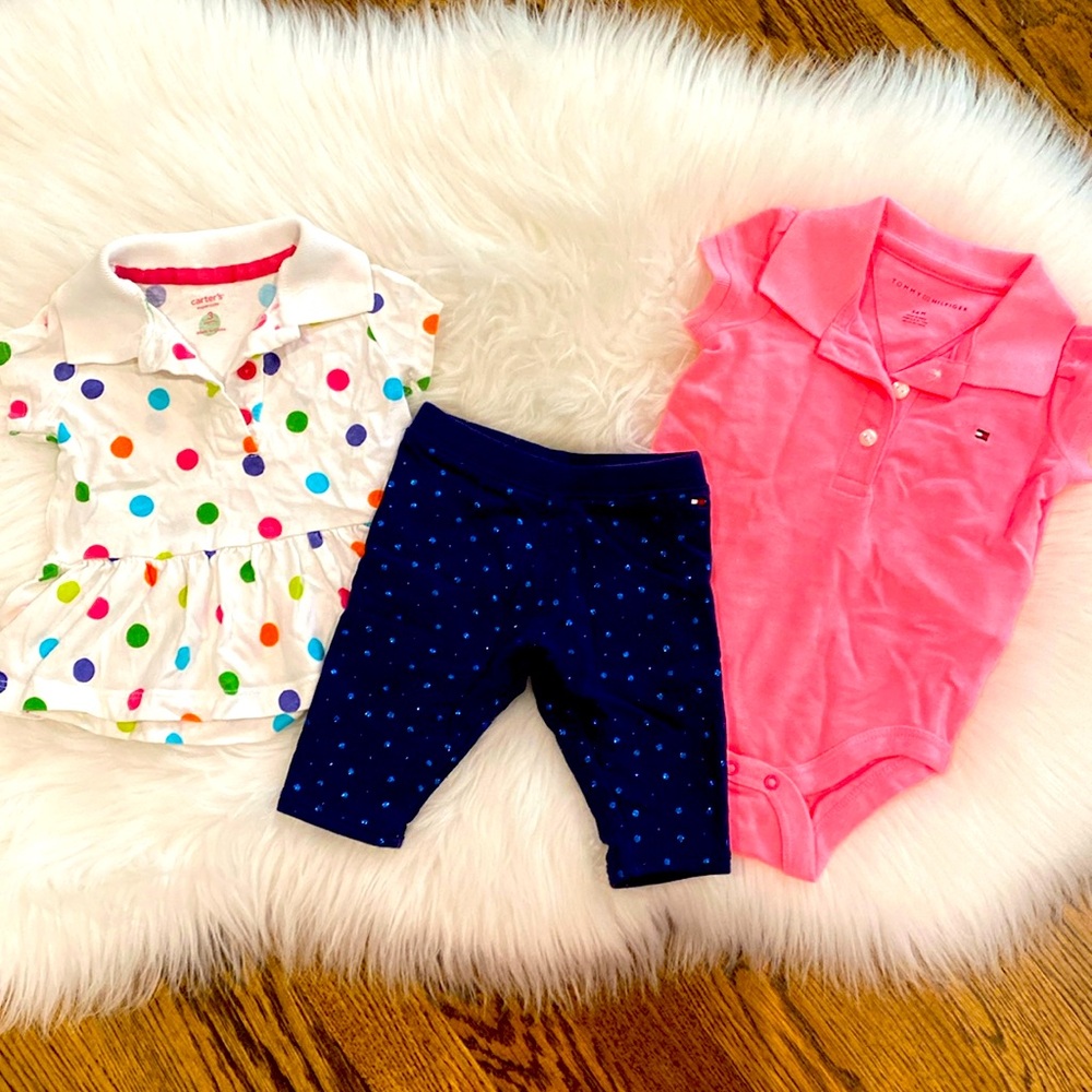 3m Girl’s Tommy Hilfiger neon pink onesies and blue pants and polkadot shirt